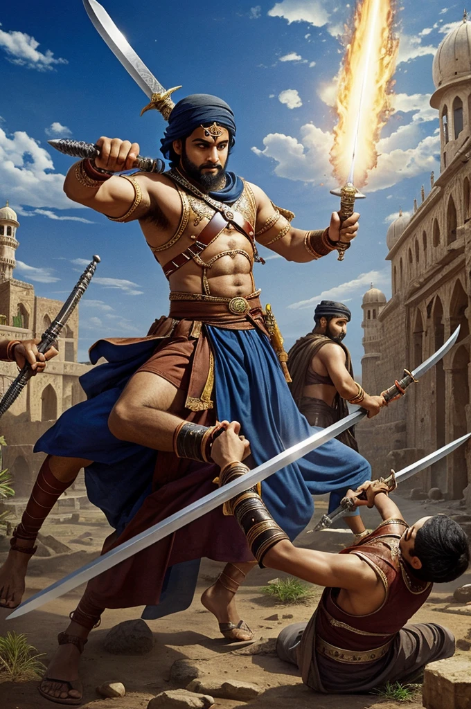 A muslim sahavi is fighting with the Enemies a sword on his hand