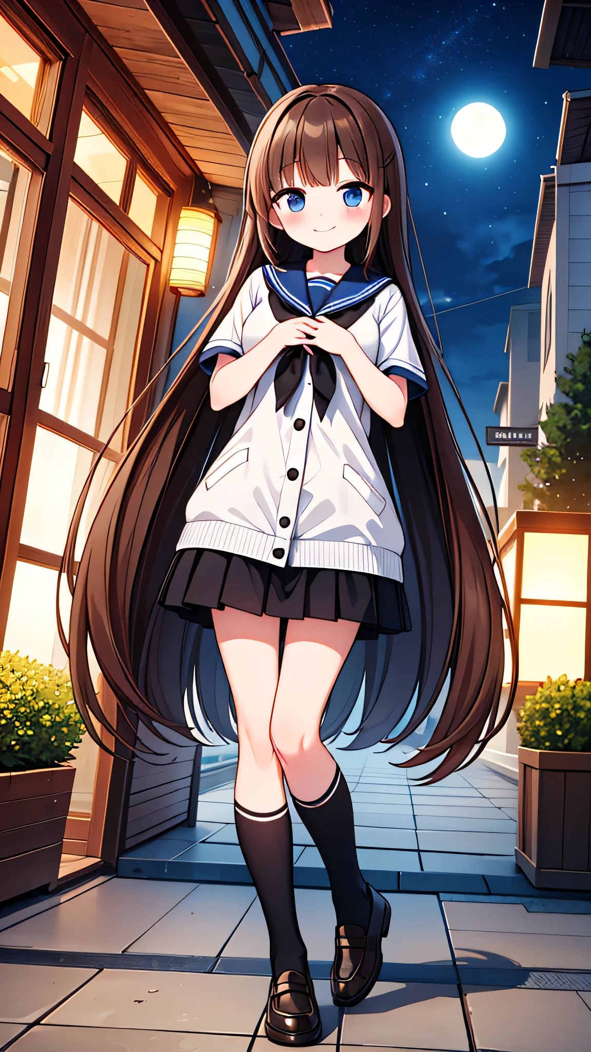 {Highest quality}, {Super beautiful},{Ultra fine},{Best illustration},Brown Hair,Hime cut,semi-long,Bangs,Standing Woman,Sailor suit,Short sleeve,knit cardigan,Long black skirt,Night Park,Embarrassed,smilingly,Blushing,Slender women,Black knee-high socks,Black Loafers,From an angle,From above
