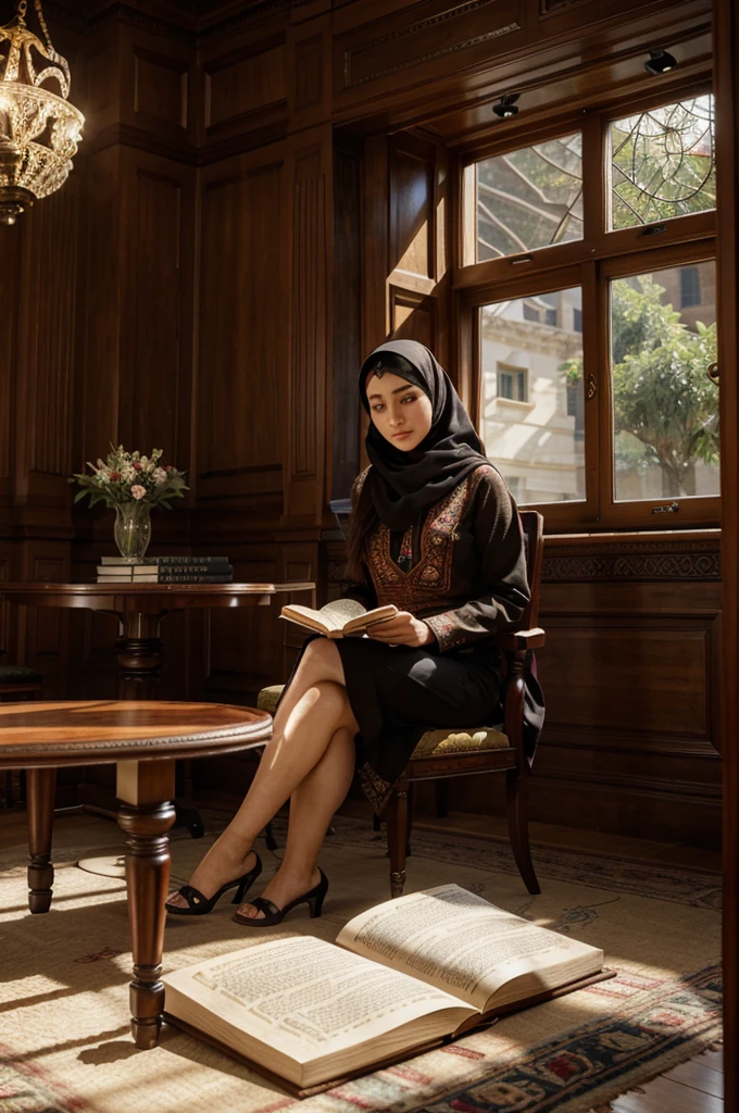 Create a hyperrealistic 4D image of a beautiful Turkish woman sitting at a wooden table in a luxuriously decorated library room. This room features ornate columns and intricate patterns on the walls. The woman is wearing traditional hijab clothing with embroidered details and is focused on reading a book with visible text. The lighting is warm, shows the indoor atmosphere with natural light coming in through the window, provides soft shadows around the library room. Include elements that combine organic and synthetic features, with touches of advanced technology seamlessly integrated into the scene.