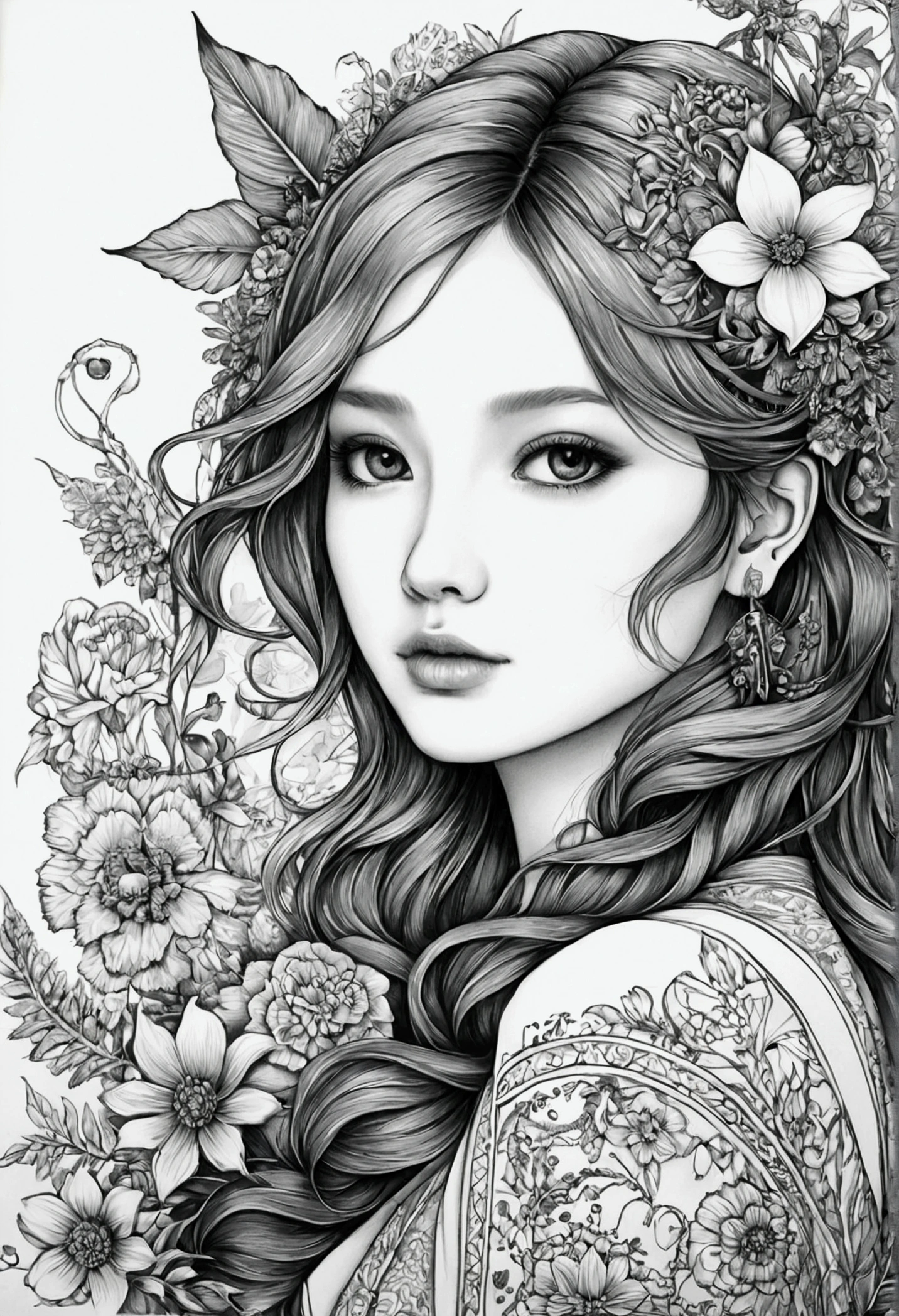 (masterpiece、top-quality、top-quality、Official art、Beautifully Aesthetic:1.2)、(1girl in:1.3)、ighly detailed、(Fractal Art:1.1)、(Farbe:1.1) (florals:1.3)、(line-drawing)、line-drawing、Pen drawing、zentangle、(Tattoo patterns:1.2)、(complex lines)、(masterpiece)、(top-quality:1.1)、(Ultra-detail)、The best illustrations、finely detail、hand-drawn high quality、highly contrast、(Clean lines:1.3)、ligne claire、(portlate)、(very closeup:1.1)、girly fashion、antique、Red-black、1 girl in、catss、solo、A girl is surrounded by flowers、(intricate-detail:1.3)、(detailedbackground:1.2)、(coloured background:1.1)、Sketched、intricate-detail、hight resolution