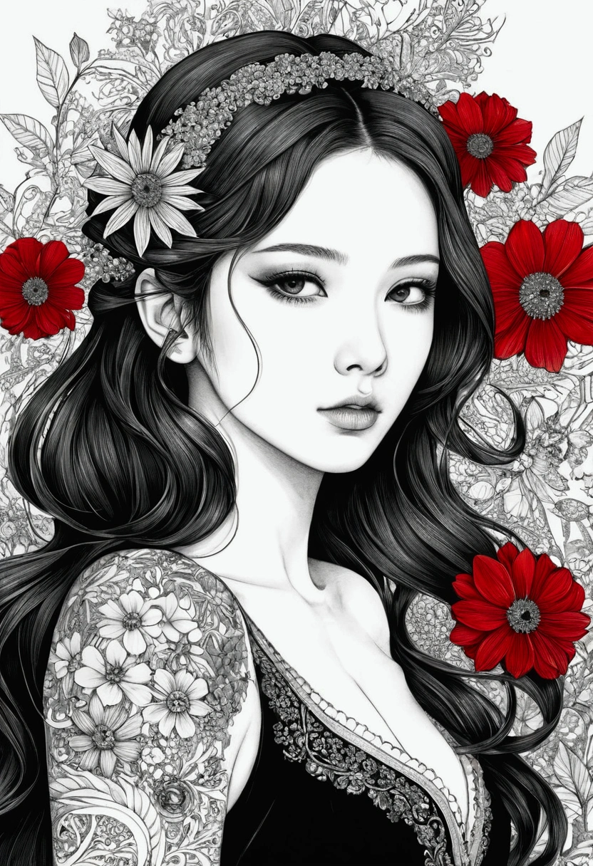 (​masterpiece、top-quality、top-quality、Official art、Beautifully Aesthetic:1.2)、(1girl in:1.3)、ighly detailed、(Fractal Art:1.1)、（Farbe:1.1) (florals:1.3)、(line-drawing)、line-drawing、Pen drawing、zentangle、(Tattoo patterns:1.2)、(complex lines)、(​masterpiece)、(top-quality:1.1)、(Ultra-detail)、The best illustrations、finely detail、hand-drawn high quality、highly contrast、(Clean lines:1.3)、ligne claire、(portlate)、(very closeup:1.1)、girly fashion、antique、Red-black、1 girl in、catss、solo、A girl is surrounded by flowers、(intricate-detail:1.3)、(detailedbackground:1.2)、(coloured background:1.1)、Sketched、intricate-detail、hight resolution