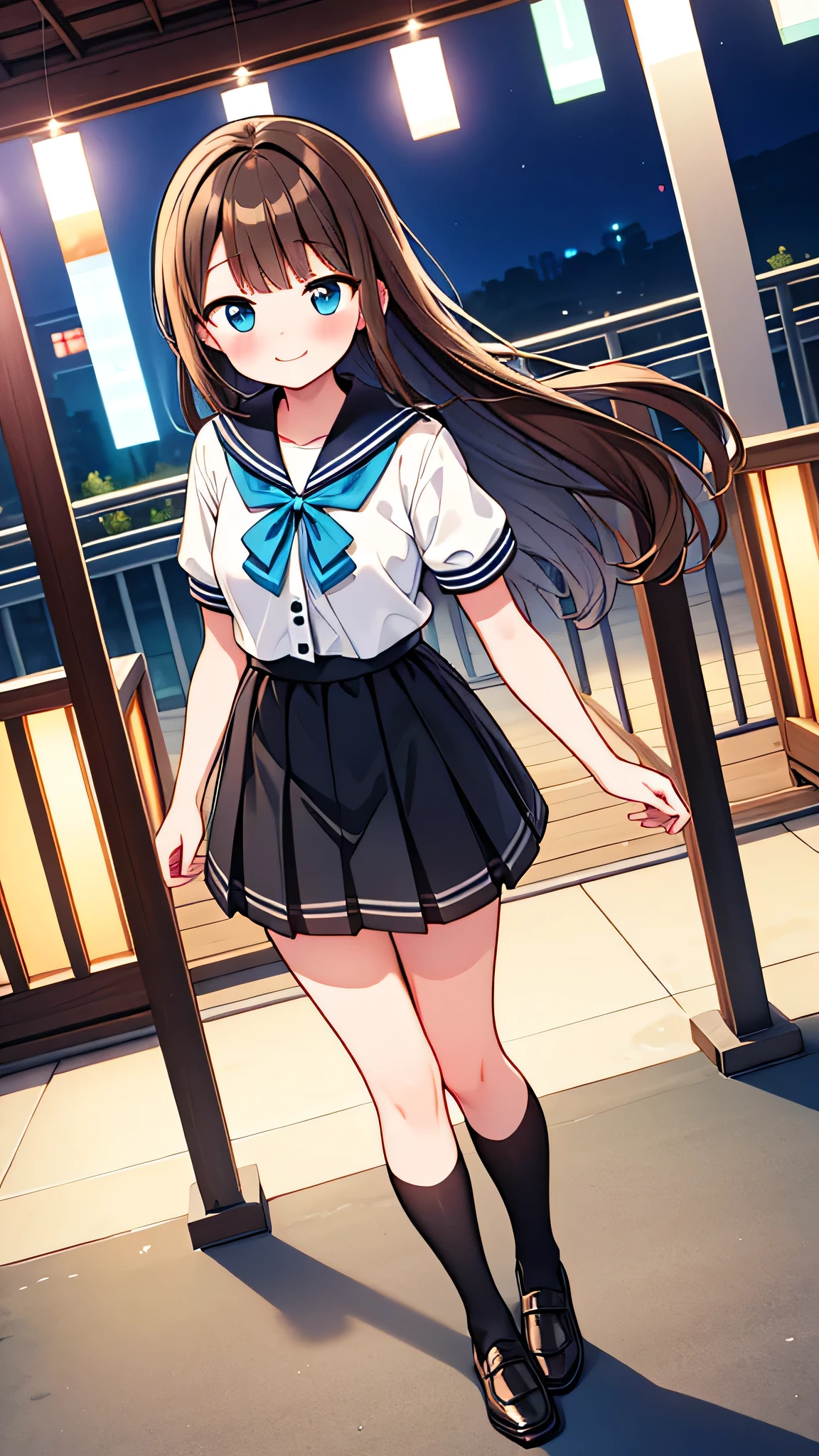 {Highest quality}, {Super beautiful},{Ultra fine},{Best illustration},Brown Hair,Hime cut,semi-long,Bangs,Standing Woman,Sailor suit,Short sleeve,knit cardigan,Long black skirt,Night Park,Embarrassed,smilingly,Blushing,Slender women,Black knee-high socks,Black Loafers,From an angle,From above