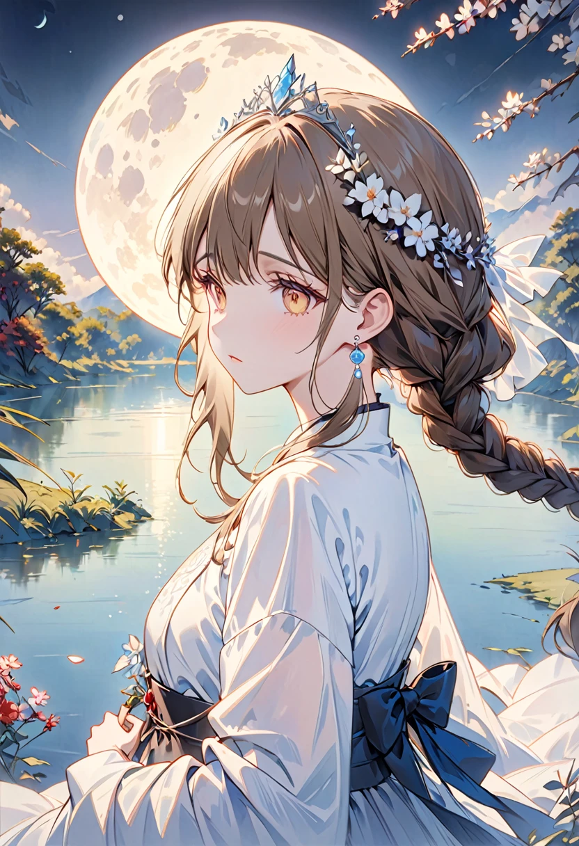 “A beautiful 20-year-old girl stands by a moonlit lake, her delicate and melancholic beauty illuminated by the soft, silvery light of the moon. She exudes a graceful yet fragile aura, her eyes filled with a sense of wistfulness as she gazes towards the viewer. The calm, reflective lake and the ethereal glow of the moon create a serene and enchanting atmosphere, perfectly complementing her elegant and melancholic presence.”light brown hair, braided ponytail, hair behind ear, hair over shoulder, crystal hair, diagonal bangs, head wreath, tiara, eyeball, empty eyes, amber eyes, crystal earrings, shy, determined, worried, pensive, Surrealism, conceptual art, アニメ, アニメ style, cowboy shot, 8k, super detail, uhd, masterpiece, accurate, accurate, textured skin, textured skin, high details, high quality, award winning, best quality, highres、pride、Eyes filled with determination