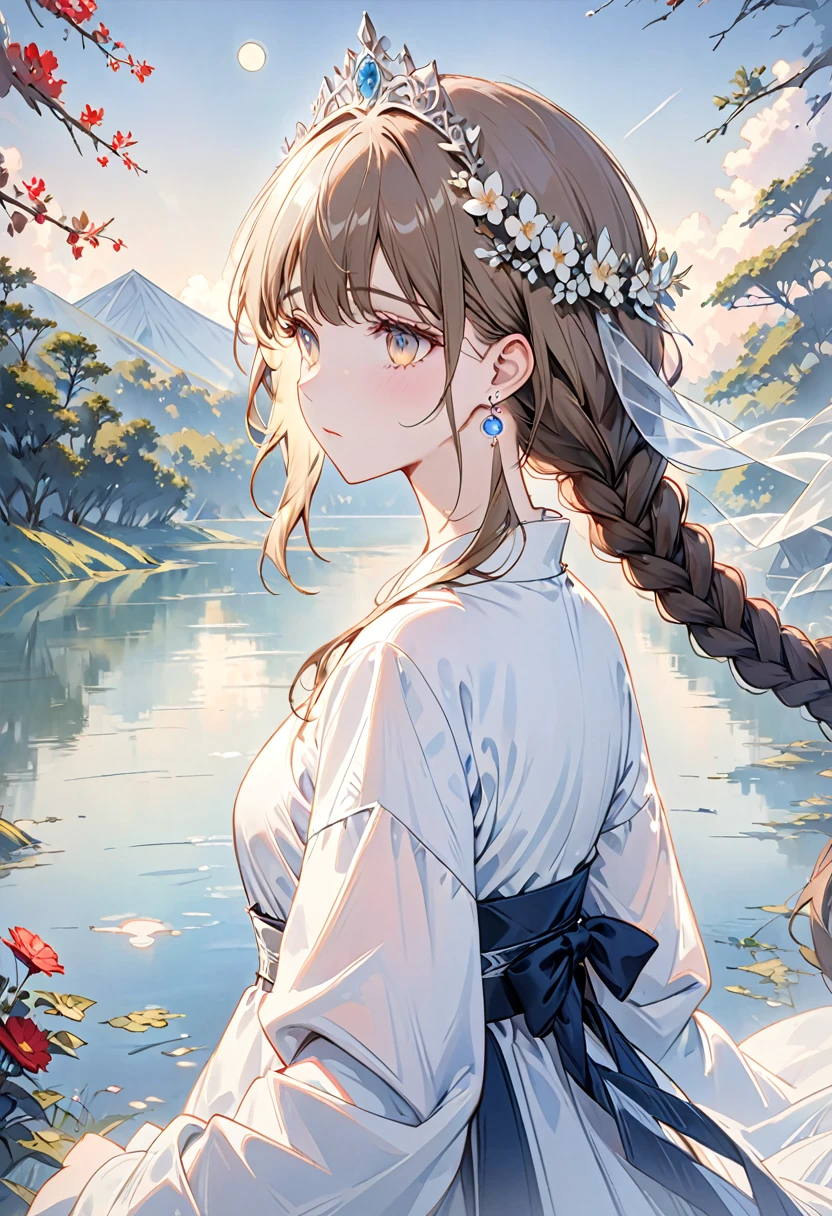 “A beautiful 20-year-old girl stands by a moonlit lake, her delicate and melancholic beauty illuminated by the soft, silvery light of the moon. She exudes a graceful yet fragile aura, her eyes filled with a sense of wistfulness as she gazes towards the viewer. The calm, reflective lake and the ethereal glow of the moon create a serene and enchanting atmosphere, perfectly complementing her elegant and melancholic presence.”light brown hair, braided ponytail, hair behind ear, hair over shoulder, crystal hair, diagonal bangs, head wreath, tiara, eyeball, empty eyes, amber eyes, crystal earrings, shy, determined, worried, pensive, Surrealism, conceptual art, アニメ, アニメ style, cowboy shot, 8k, super detail, uhd, masterpiece, accurate, accurate, textured skin, textured skin, high details, high quality, award winning, best quality, highres、pride、Eyes filled with determination