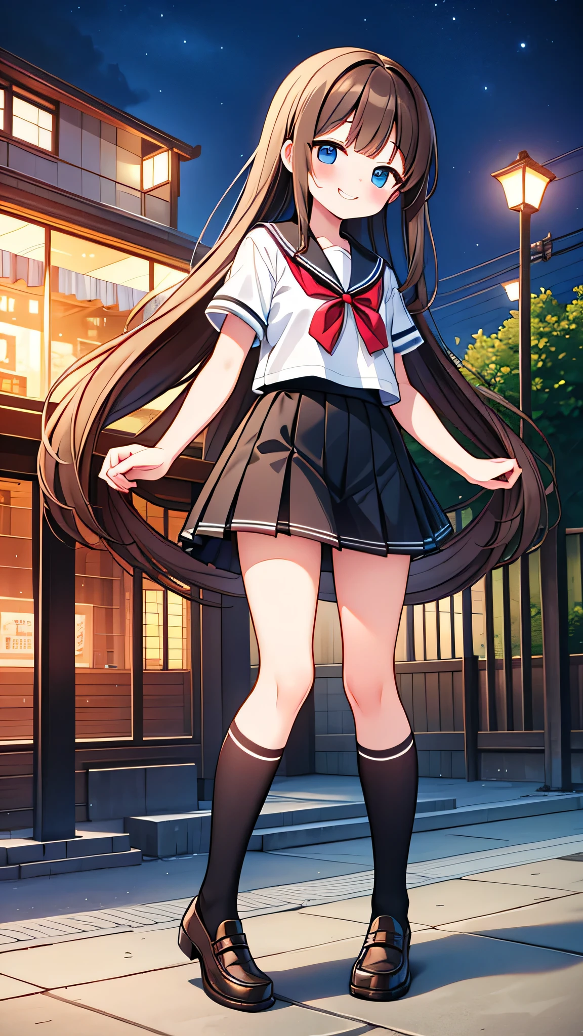 {Highest quality}, {Super beautiful},{Ultra fine},{Best illustration},Brown Hair,Hime cut,semi-long,Bangs,Standing Woman,Sailor suit,Short sleeve,knit cardigan,Long black skirt,Night Park,Embarrassed,smilingly,Blushing,Slender women,Black knee-high socks,Black Loafers,From an angle,From above