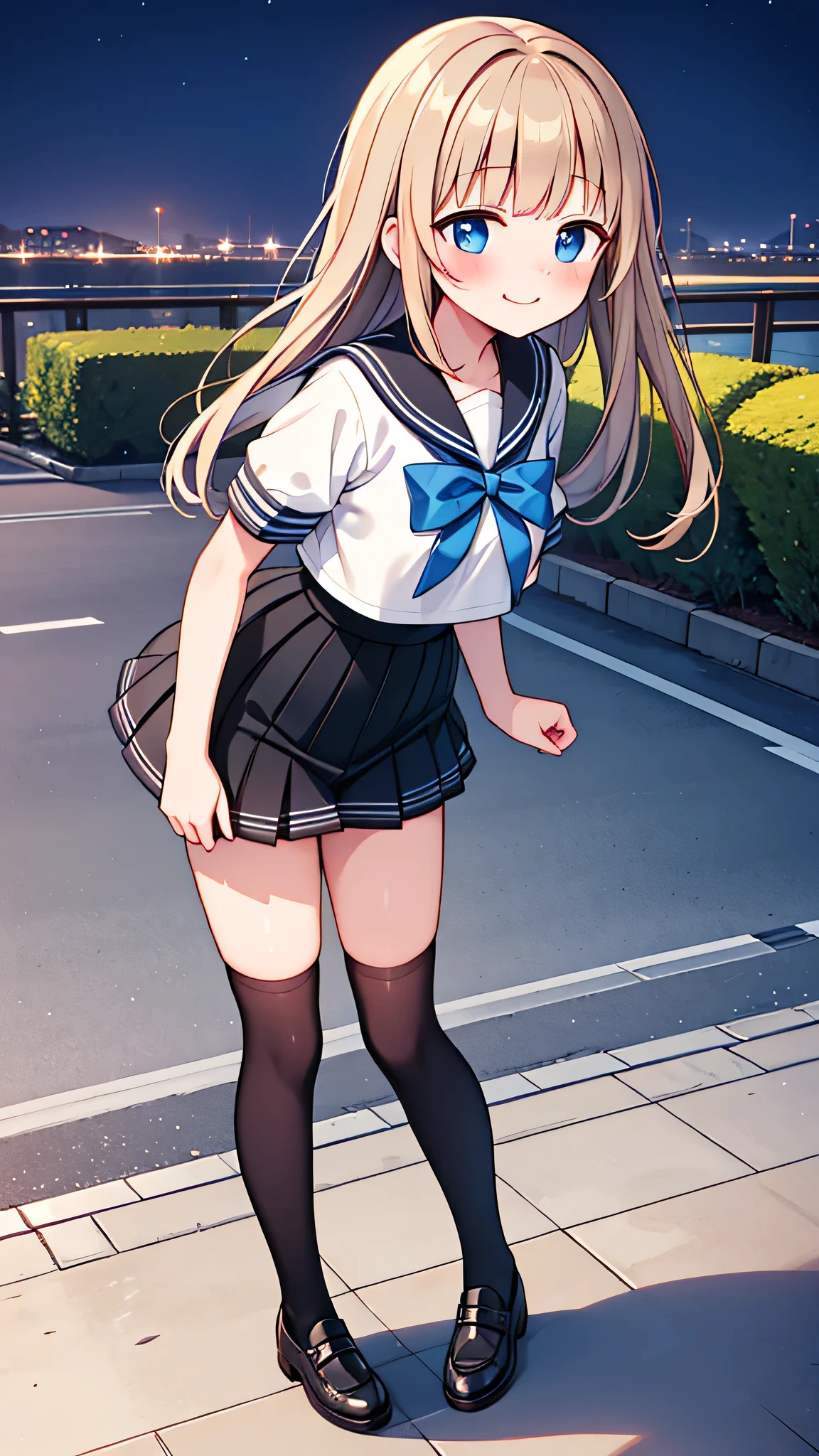 {Highest quality}, {Super beautiful},{Ultra fine},{Best illustration},Brown Hair,Hime cut,semi-long,Bangs,Standing Woman,Sailor suit,Short sleeve,knit cardigan,Long black skirt,Night Park,Embarrassed,smilingly,Blushing,Slender women,Black knee-high socks,Black Loafers,From an angle,From above