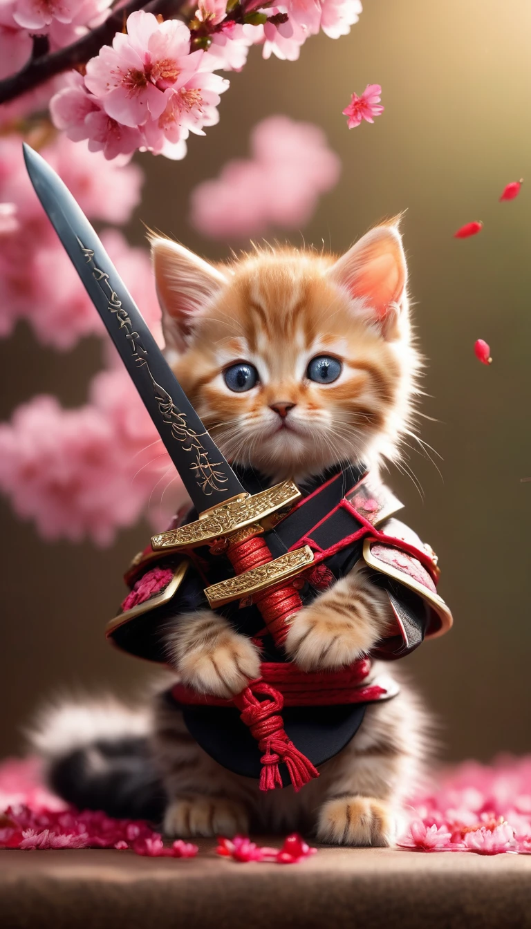 Amazing detailed photo of a cute adorable samurai kitten holding a sword on two paws, Floating cherry blossom petals, High resolution, Sharp Eye,Realistic fur, Anti-aliasing, FXAA, Noise Reduction, Post-production, Special effects, Very detailed & Complex, Hypermaximalist, elegant, Brilliant, Ultra-realistic, Very detailed, Black coloring, Calm, 16K resolution, whole body,