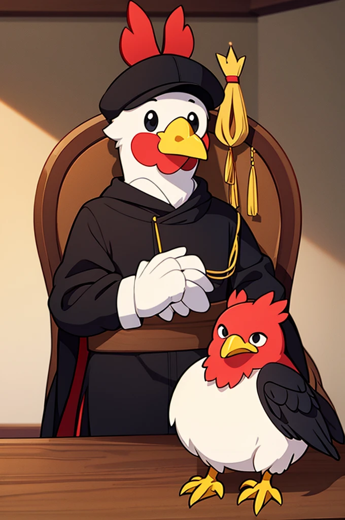 (realitic), Male chicken sitting alone facing front, The chicken is wearing a black cap., The long crown was tied back with a string.