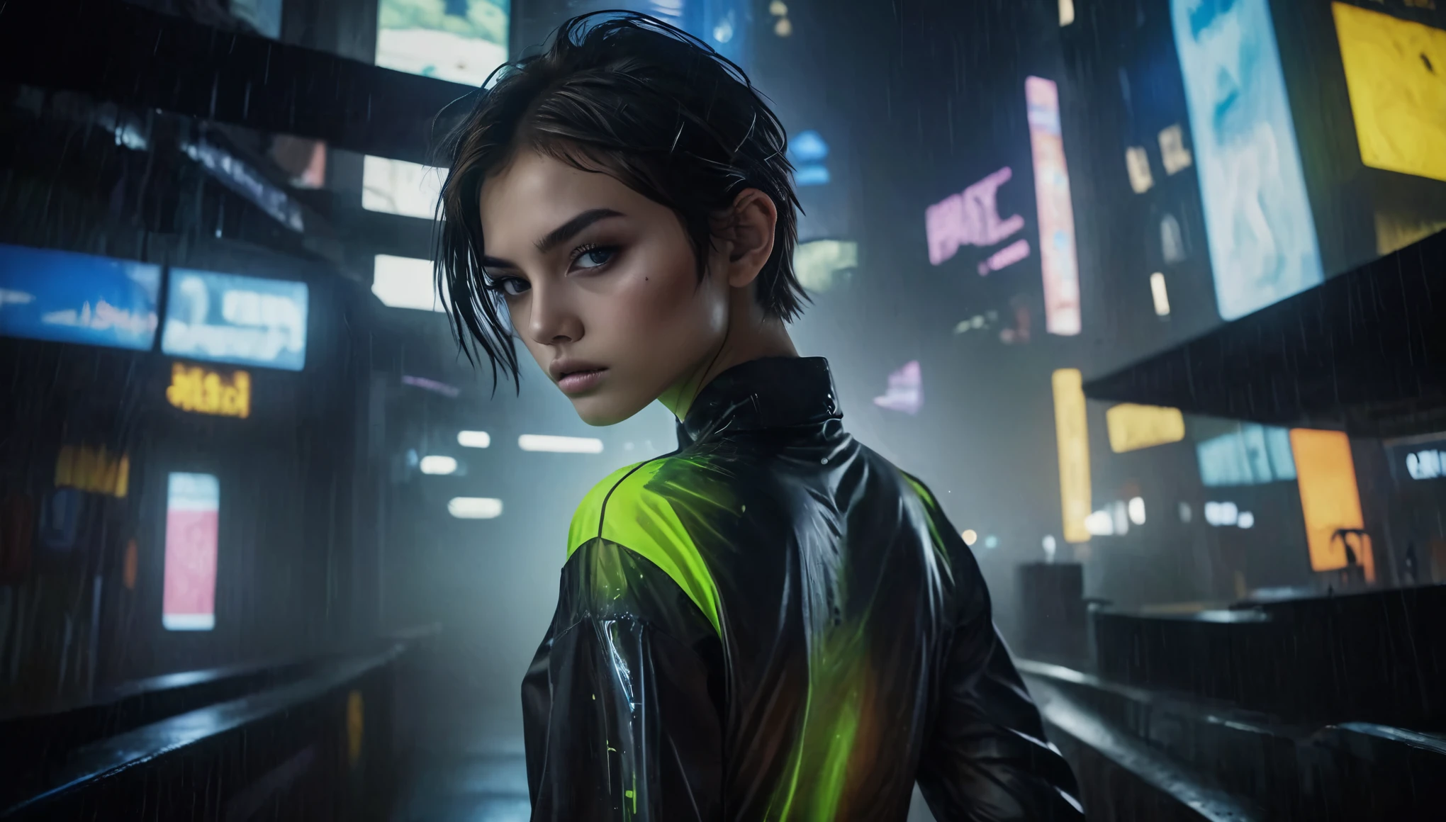 Top Quality, Masterpiece, High Resolution, 8k, full body shot, wide view, (((skinny girl in a wide opened oversize polyester blouse and wetlook leggings, wide neckline, deep neckline, beautiful detailed eyes, small closed mouth, extremely detailed face, long pixie asymmetrical hair style, small hips, at night, dim lighting, look behind, cyberpunk, tatoo, neon))) 