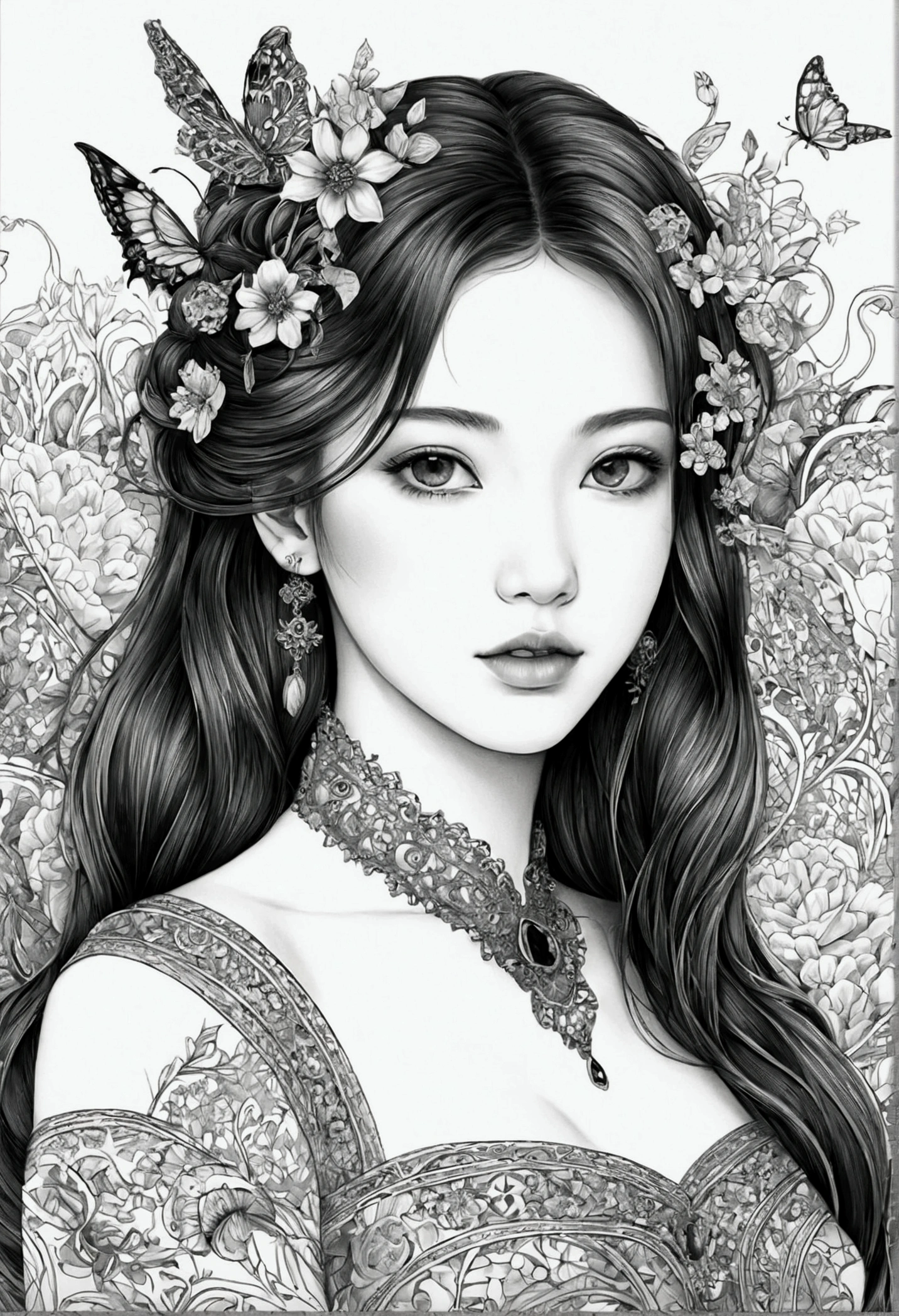(masterpiece、top-quality、top-quality、Official art、Beautifully Aesthetic:1.2)、(1girl in:1.3)、ighly detailed、(Fractal Art:1.1)、(Farbe:1.1) (florals:1.3)、(line-drawing)、line-drawing、Pen drawing、zentangle、(Tattoo patterns:1.2)、(complex lines)、(masterpiece)、(top-quality:1.1)、(Ultra-detail)、The best illustrations、finely detail、hand-drawn high quality、highly contrast、(Clean lines:1.3)、ligne claire、(portlate)、(very closeup:1.1)、girly fashion、antique、Red-black、1 girl in、catss、solo、A girl is surrounded by flowers、(intricate-detail:1.3)、(detailedbackground:1.2)、(coloured background:1.1)、Sketched、intricate-detail、hight resolution