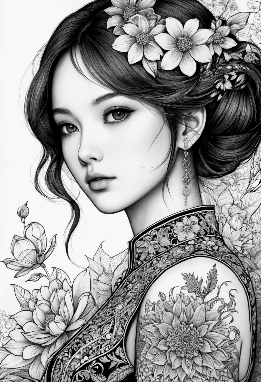 (masterpiece、top-quality、top-quality、Official art、Beautifully Aesthetic:1.2)、(1girl in:1.3)、ighly detailed、(Fractal Art:1.1)、(Farbe:1.1) (florals:1.3)、(line-drawing)、line-drawing、Pen drawing、zentangle、(Tattoo patterns:1.2)、(complex lines)、(masterpiece)、(top-quality:1.1)、(Ultra-detail)、The best illustrations、finely detail、hand-drawn high quality、highly contrast、(Clean lines:1.3)、ligne claire、(portlate)、(very closeup:1.1)、girly fashion、antique、Red-black、1 girl in、catss、solo、A girl is surrounded by flowers、(intricate-detail:1.3)、(detailedbackground:1.2)、(coloured background:1.1)、Sketched、intricate-detail、hight resolution