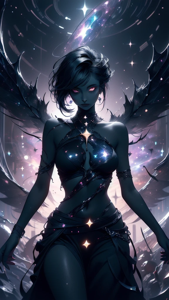 Generate a dark celestial demoness, woman with ((extremely perfect)) eyes and (((pure black galaxy skin))). Her ((onyx black)) but (soft) face should be highly detailed and realistically shaded with puffy lips. Busty, curvy hips, Her wings are demonic, delicate but stunning, with many small fantasy details. This is a (((masterpiece))). Utilize dynamic composition and expressions to create a cinematic experience. Include glittering and delicate jewelry. The background of the image should be pure back, leaving the woman as the focal point of the image. ((dark celestialskin body, void cosmic body)), ornate, (((dark background))), (((lights off))), (((hollywood dark)))