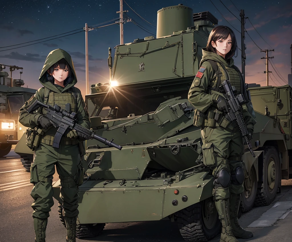 A group of female soldiers guarding an armored vehicle，All wear dark green M-51 hooded military uniforms、Hooded on head、Magazine Pouch、Military Pants、Knee pads，night，Write details、masterpiece、best quality、Highly detailed CG、8K picture quality