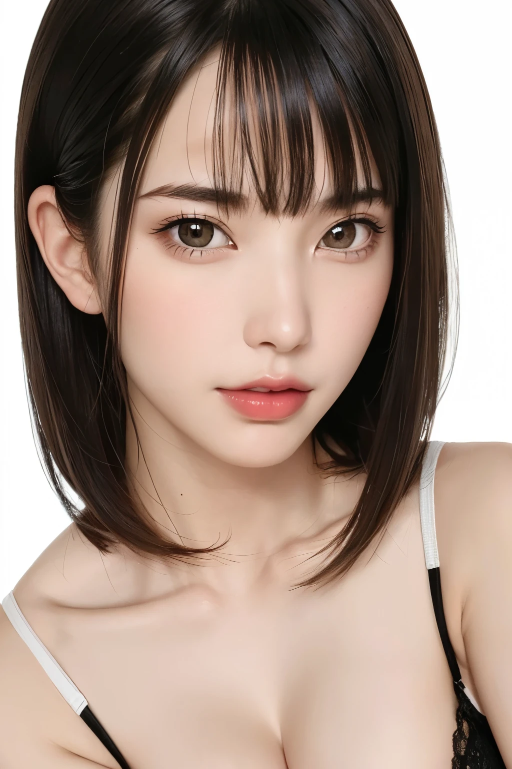 ((masterpiece, Highest quality, High resolution、Everything is beautifully detailed)), 1 girl, (Realistic: 1.4), alone, White Background, snow-White Background, Mouth closed, Smile, Smile, Beautiful black hair, short hair, Big eyes, Transparent double eyelids, eyelash, Listen carefully, Long neck, 美しくLong neck, Absolute area, ((Face close-up)), (Draw the whole head, shoulder), 19 years old, Attractive proportions, Glowing Skin, Beautiful collarbone, Golden ratio face, Perfect Face, Teardrop-shaped moles, Mole on chest, bangs, clean bangs, beautiful bangs, Lip gloss, Thin lips, Fair skin, naked, Big Breasts, {gigantic|big|huge|mega} breasts, cleavage,Small face, Small face, All the heads are painted, shoulder all drawn, Looking slightly above the camera