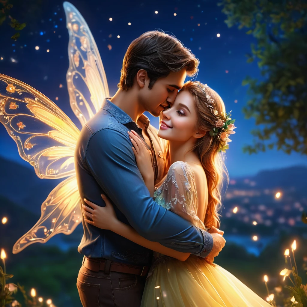 a man hugged tightly from behind the beautiful woman in front of him, they are 25 years old, romantic atmosphere, The little fairy near them flew away leaving a trail of light behind her,