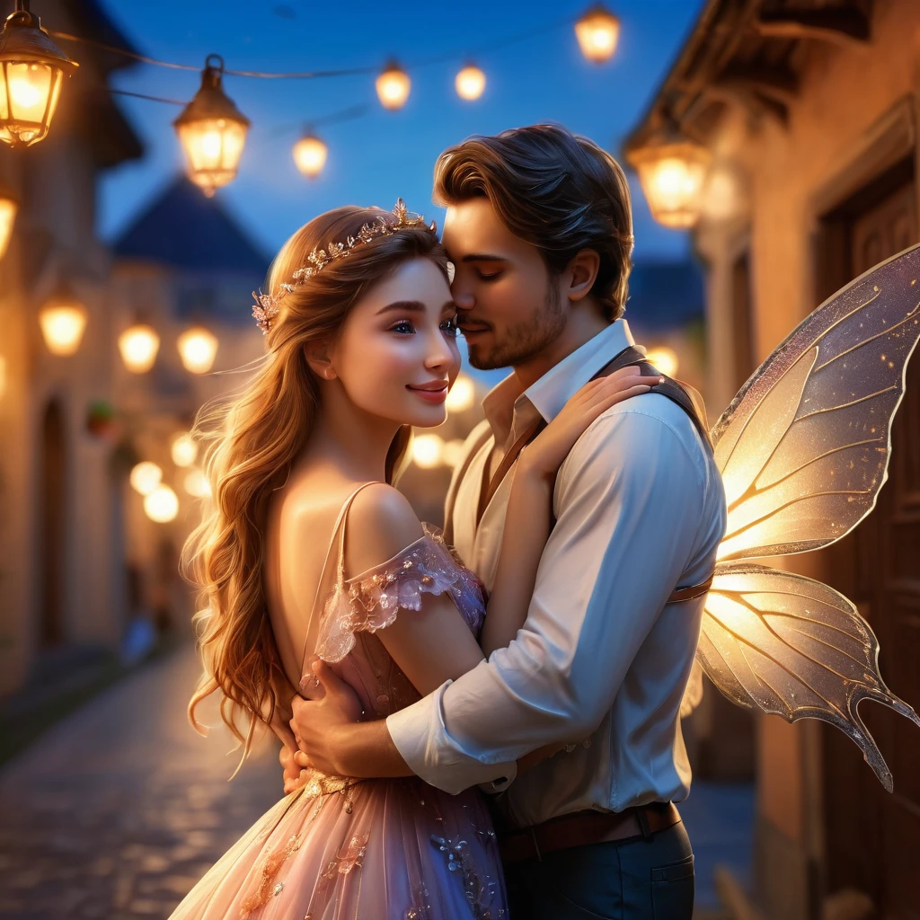 a man hugged tightly from behind the beautiful woman in front of him, they are 25 years old, romantic atmosphere, The little fairy near them flew away leaving a trail of light behind her,