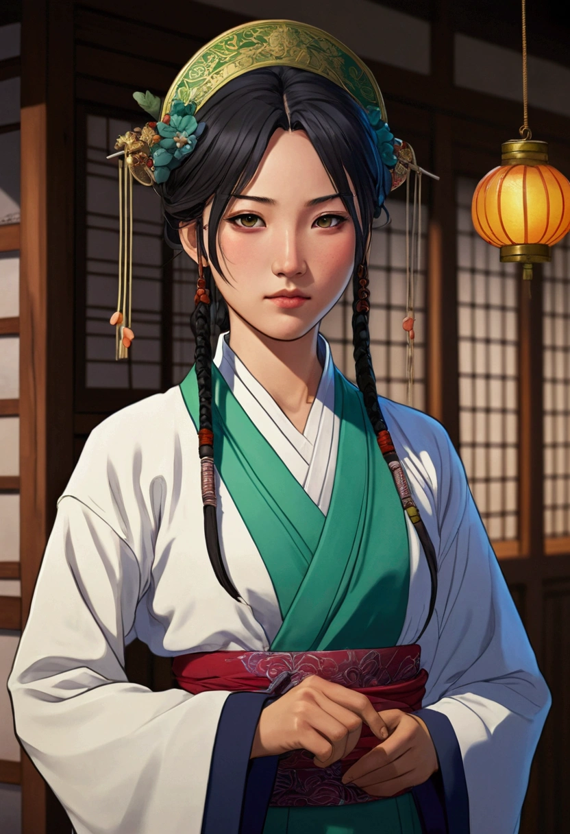A character in the art style of the anime called "the apothecary diaries" with mao mao. She is a fighter, but wears traditional clothes (2d)