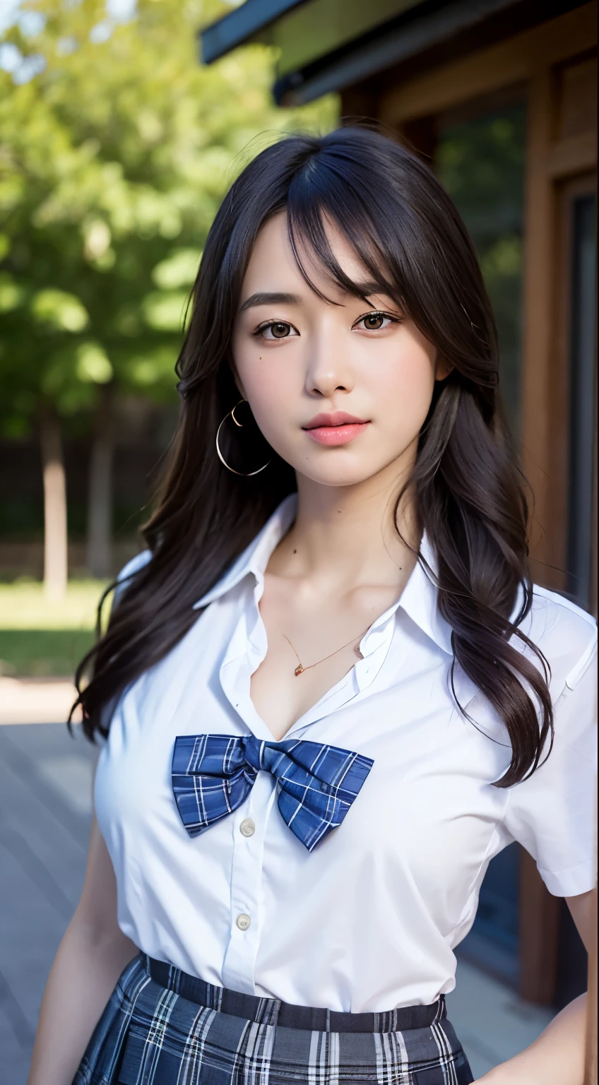 (masterpiece:1.2, top-quality), (realistic, photorealistic:1.4), beautiful illustration,
looking at viewer, full body, front view:0.6,
1 girl, japanese, high school girl, (long hair:1.5), blown hair, (half up, half updo), bangs, hair between eye, large breasts:0.8,
beautiful hair, beautiful face, beautiful detailed eyes, beautiful clavicle, beautiful body, beautiful chest, beautiful thigh, beautiful legs, beautiful fingers,
(beautiful scenery), , school,
((collared short sleeve shirt, white shirt, , grey plaid pleated skirt, blue plaid bow tie)), white panties,
(standing, , lift up skirt, grab the hem of the skirt, hands on chest, hand between legs),
blush, ,