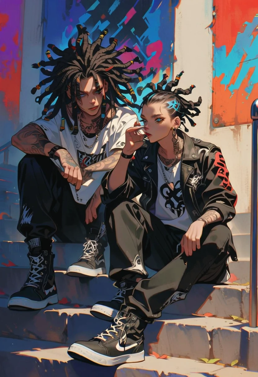 style 9, two boys with raven hair, dreadlocks, blue eyes, , punk style clothing, smoking, dark skin, sitting on some stairs