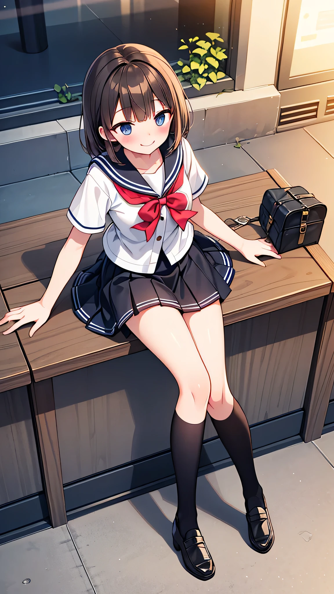 {Highest quality}, {Super beautiful},{Ultra fine},{Best illustration},Brown Hair,Hime cut,semi-long,Bangs,Standing Woman,Sailor suit,Short sleeve,knit cardigan,Long black skirt,Night Park,Embarrassed,smilingly,Blushing,Slender women,Black knee-high socks,Black Loafers,From an angle,From above