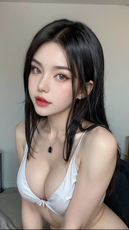 Beautiful (1 girl:1.3), Alone, (very detailed) full body masterpiece, Ultra realistic, 16K, nightmare atmosphere, gothic, r3b3cc4 young, Sensual (Erotic), 1 girl (cute young) alone, delicate (seductive) female face, silky realistic hair, hair fringe, looking at viewer, goth makeup, realistic black hair (gradient colors) , simple unfocused background, bedroom background, jewelry, earrings, necklace, young beauty, portrait, hoop earrings, realistic, soft lighting, muscular female body, realistic hot body , photorealistic, detailed clear eyes, extremely erotic, delicate feminine, muscular female body, natural realistic breasts, belly hot, narrow waist, proportionally big hips, thick legs, natural body, beautiful, nude (porn), different sensual positions, raw, analog, sharp focus, 8K, high definition, high quality, Fujifilm XT3, Film grain, award winning, highly detailed skin artwork, realistic skin details, visible pores, clear focus, volumetric fog, 8k hd, dslr, high quality, Film grain, light skin, photographic realism , lomography