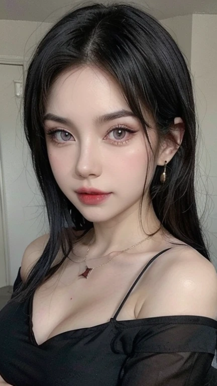 Beautiful (1 girl:1.3), Alone, (very detailed) full body masterpiece, Ultra realistic, 16K, nightmare atmosphere, gothic, r3b3cc4 young, Sensual (Erotic), 1 girl (cute young) alone, delicate (seductive) female face, silky realistic hair, hair fringe, looking at viewer, goth makeup, realistic black hair (gradient colors) , simple unfocused background, bedroom background, jewelry, earrings, necklace, young beauty, portrait, hoop earrings, realistic, soft lighting, muscular female body, realistic hot body , photorealistic, detailed clear eyes, extremely erotic, delicate feminine, muscular female body, natural realistic breasts, belly hot, narrow waist, proportionally big hips, thick legs, natural body, beautiful, nude (porn), different sensual positions, raw, analog, sharp focus, 8K, high definition, high quality, Fujifilm XT3, Film grain, award winning, highly detailed skin artwork, realistic skin details, visible pores, clear focus, volumetric fog, 8k hd, dslr, high quality, Film grain, light skin, photographic realism , lomography