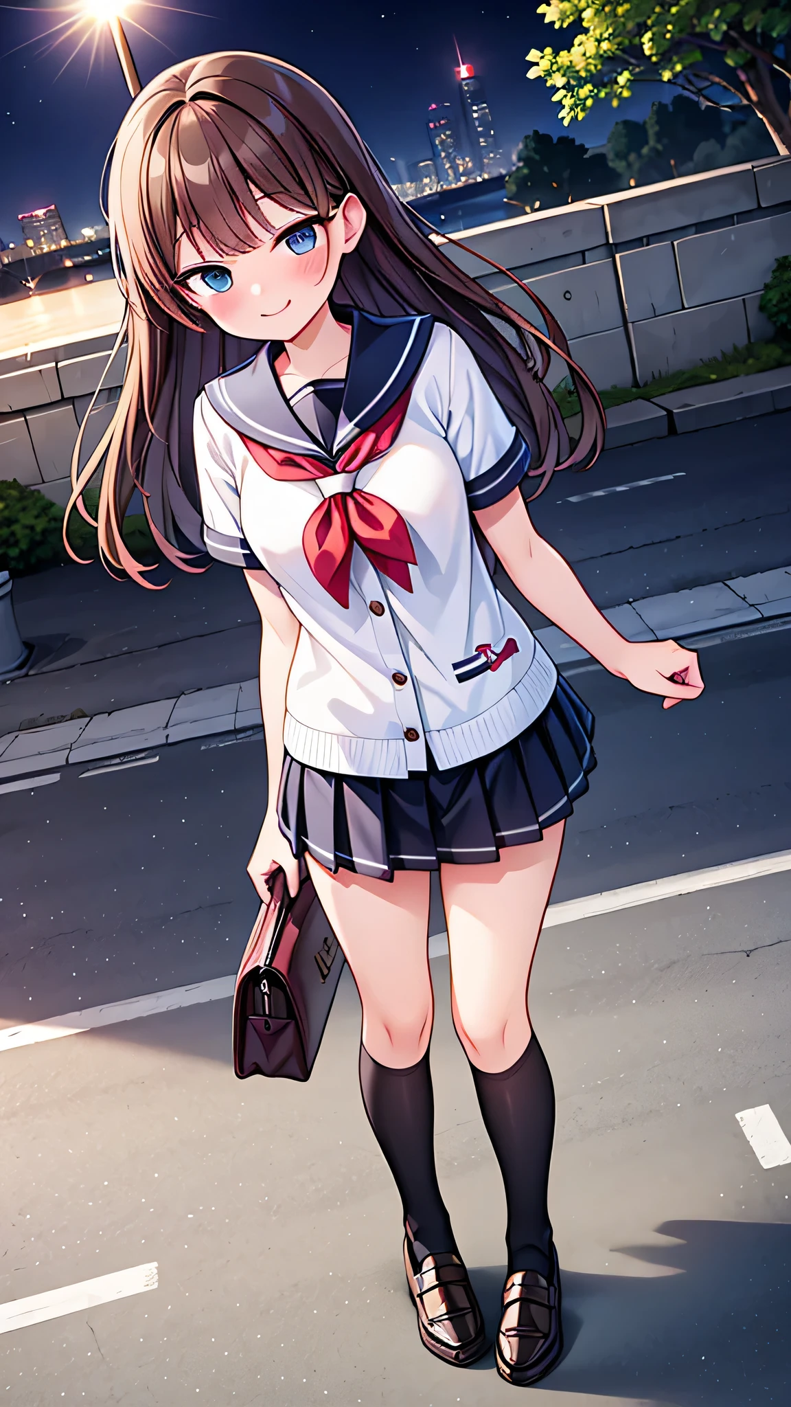 {Highest quality}, {Super beautiful},{Ultra fine},{Best illustration},Brown Hair,Hime cut,semi-long,Bangs,Standing Woman,Sailor suit,Short sleeve,knit cardigan,Long black skirt,Night Park,Embarrassed,smilingly,Blushing,Slender women,Black knee-high socks,Black Loafers,From an angle,From above