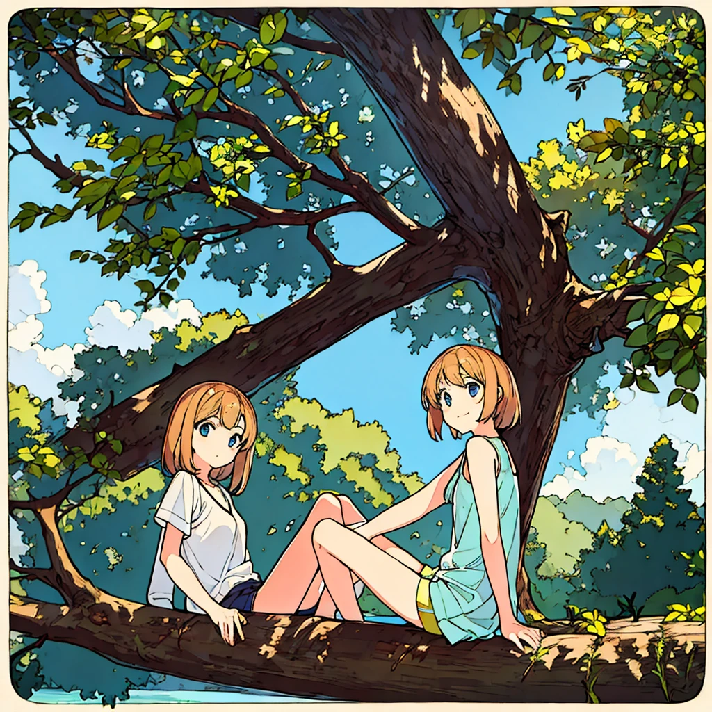 Plain background Girl sitting on a tree Summer Nostalgic