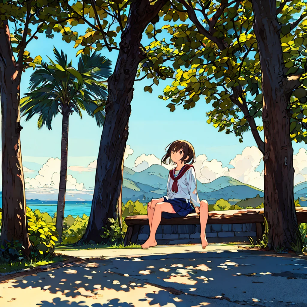 Plain background Girl sitting on a tree Summer Nostalgic