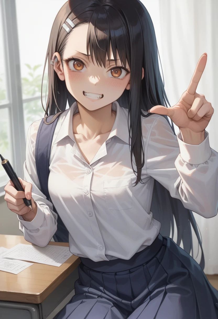 anime girl in uniform holding a pen and pointing at something, shirobako, marin kitagawa fanart, yayoi kasuma, shinkai makoto, hints of yayoi kasuma, makoto, nagatoro, makoto shinka, female protagonist 👀 :8, sayori, mao hamaguchi, nishimiya shouko, still from tv anime