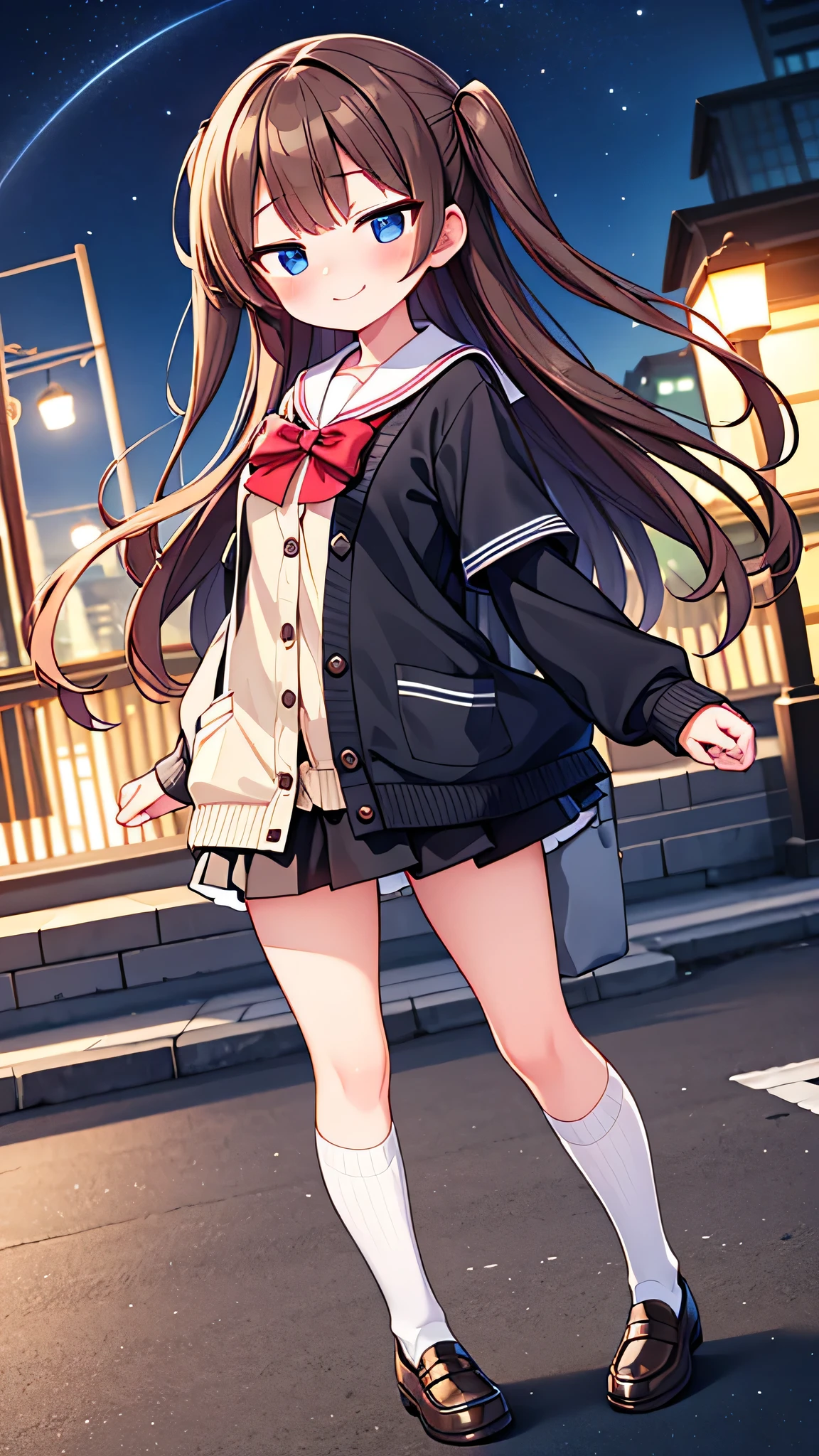 {Highest quality}, {Super beautiful},{Ultra fine},{Best illustration},Brown Hair,Hime cut,semi-long,Bangs,Standing Woman,Sailor suit,Short sleeve,knit cardigan,Long black skirt,Night Park,Embarrassed,smilingly,Blushing,Slender women,Black knee-high socks,Black Loafers,From an angle,From above