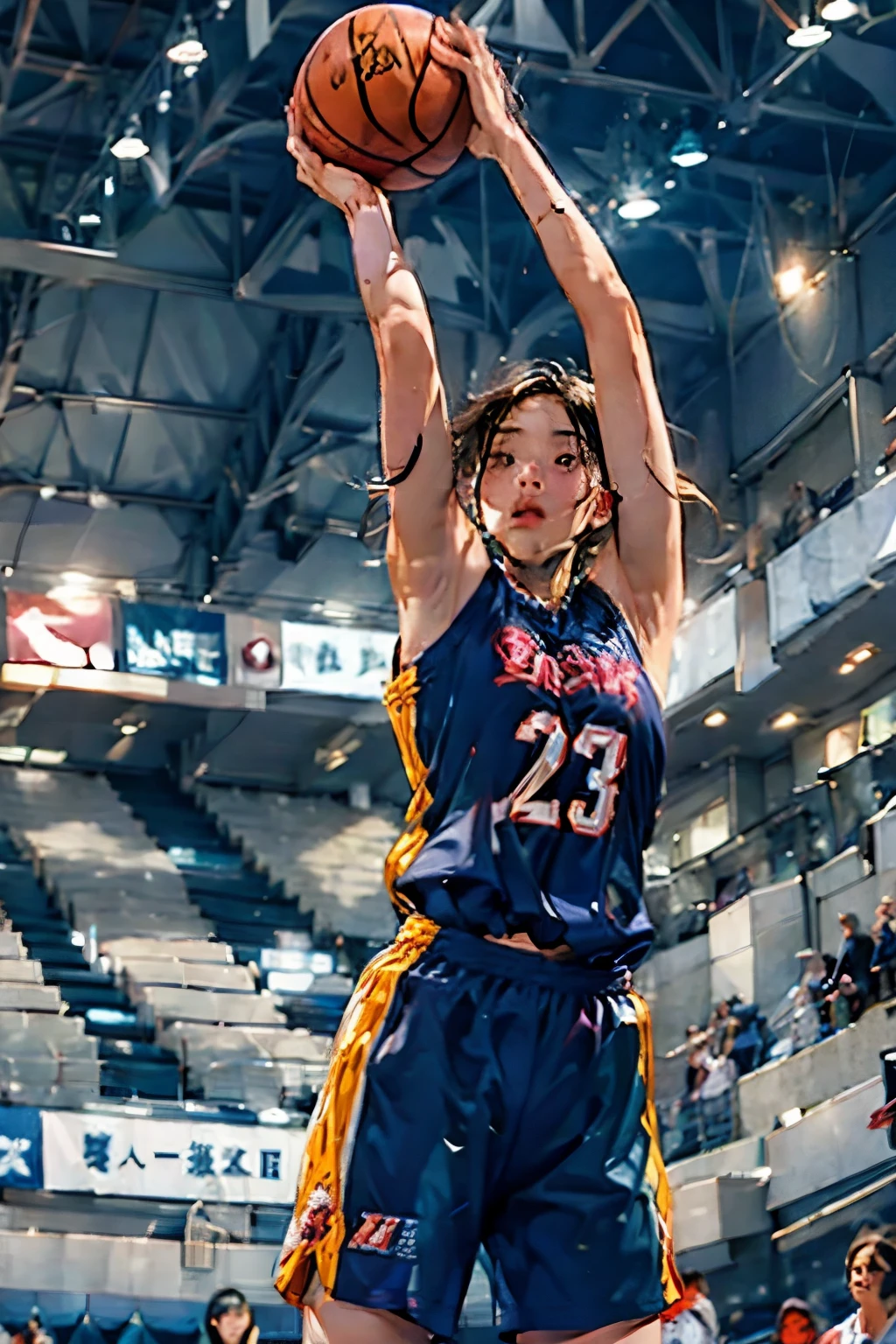 ((Female Basketball Player)), Young and beautiful girl、美しい顔のdetailedな描写、alone, dunk shot, Jumping Chute、close、Motion Blur、Dynamic Angle、stadium lighting、Blur the background、8Kdetailed, (detailed、masterpiece、Highest quality)、