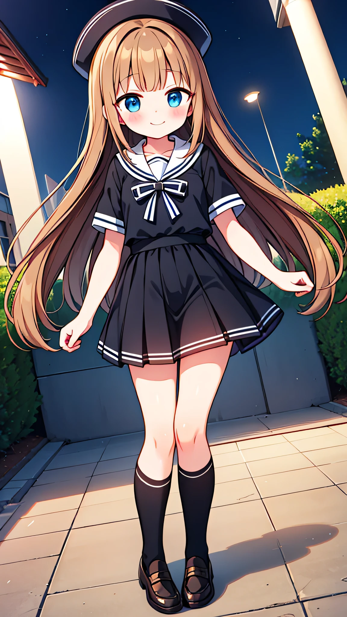 {Highest quality}, {Super beautiful},{Ultra fine},{Best illustration},Brown Hair,Hime cut,semi-long,Bangs,Standing Woman,Sailor suit,Short sleeve,knit cardigan,Long black skirt,Night Park,Embarrassed,smilingly,Blushing,Slender women,Black knee-high socks,Black Loafers,From an angle,From above