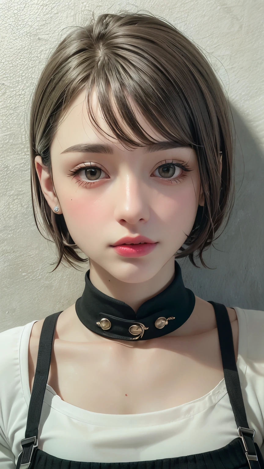 Masterpiece hyperrealist & Photorealistic beautiful girl, Realistic Skin (Pore-filled skin) Short Bob Cut Hair, Realistic red lips,Punk Girl, (head shot:1.5),Shorts