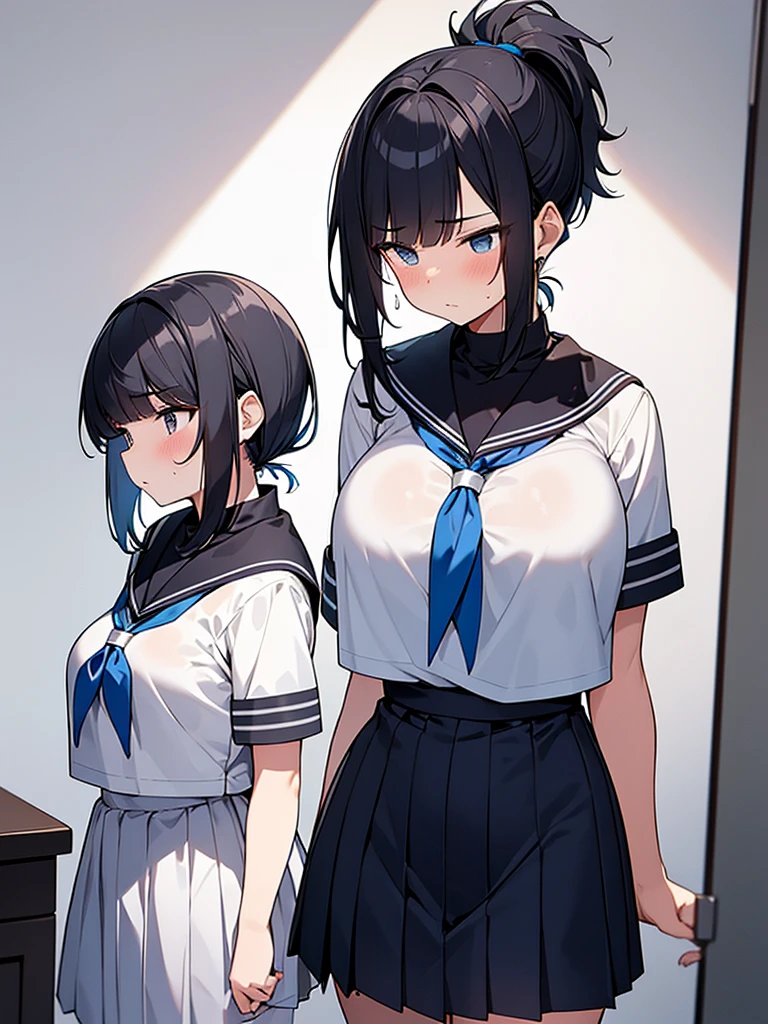 Ponytail White sailor uniform short sleeves:1.9 Dark blue collar Dark blue scarf Dark blue uniform pleated skirt Anime drawings with vivid colors Tall women:1.9 Arms crossed, standing, sweat, breasts, buttocks, troubled face, glaring, wrinkled brows, flushed cheeks, night:1.3 Apartment bedroom, white sheets, short black hair, straight hair, bangs swept to the side:1.9. Slanted eyes, brown eyes, tall, big breasts, strong-willed, beautiful