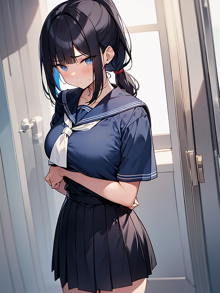 Ponytail White sailor uniform short sleeves:1.9 Dark blue collar Dark blue scarf Dark blue uniform pleated skirt Anime drawings with vivid colors Tall women:1.9 Arms crossed, standing, sweat, breasts, buttocks, troubled face, glaring, wrinkled brows, flushed cheeks, night:1.3 Apartment bedroom, white sheets, short black hair, straight hair, bangs swept to the side:1.9. Slanted eyes, brown eyes, tall, big breasts, strong-willed, beautiful