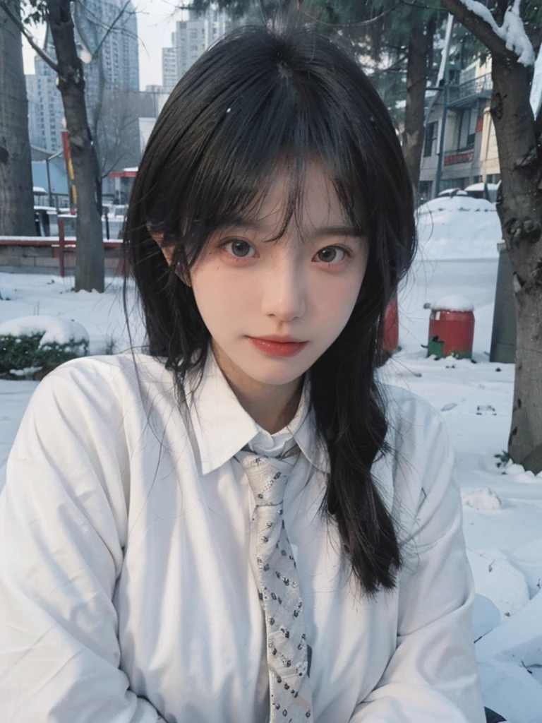 Best quality,masterpiece,Ultra-high resolution,snow,16K,Snow background,(Photo Realism:1.4),1 Girl,JK,Sexy,(Shirt and Tie:1.2),(Big breasts:1.3),(Upper body:1.4)
