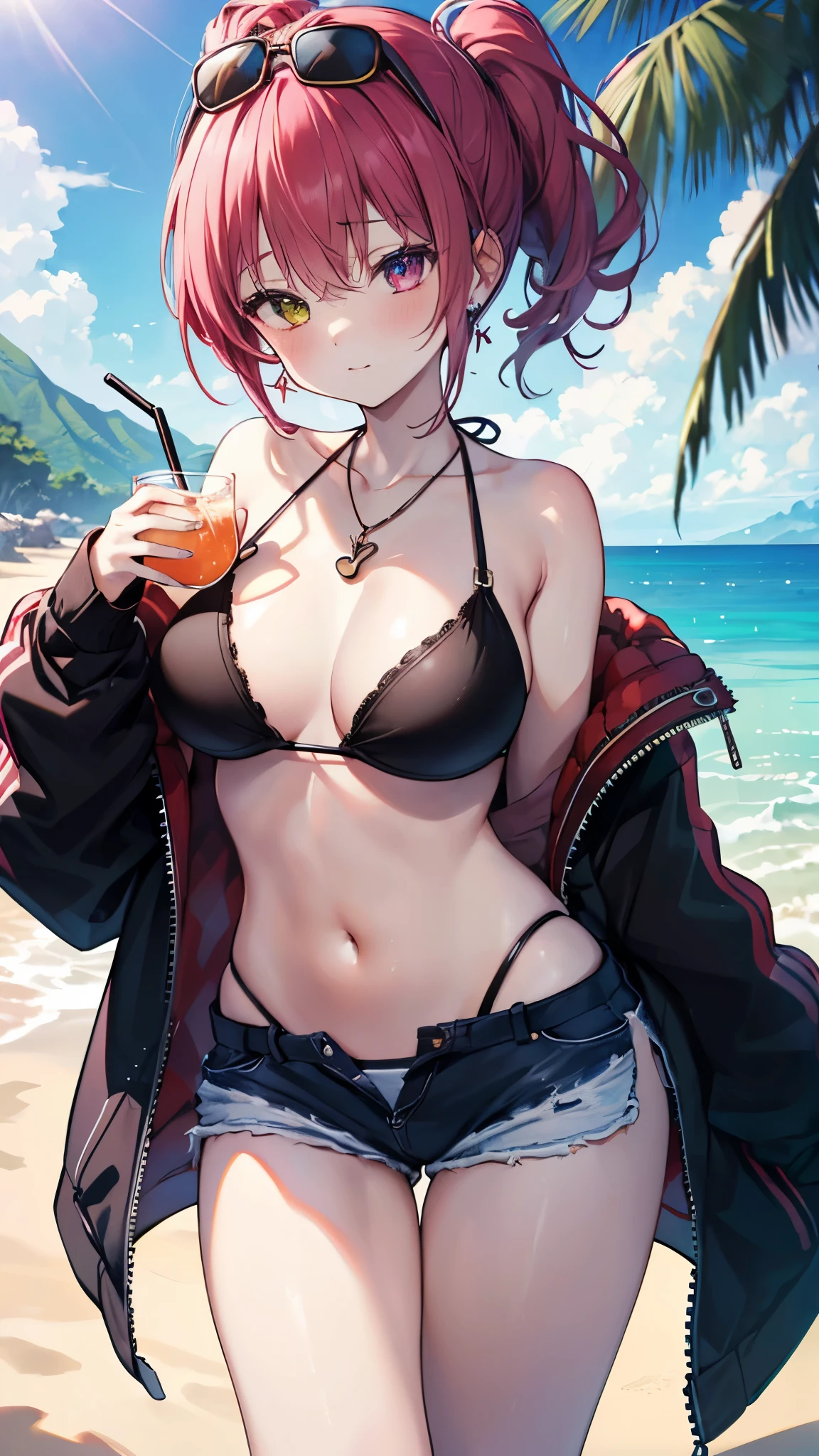(Ultra-high resolution,masterpiece, Attention to detail, Highest quality), 8k,(eemarine, high ponytail, black headwear, sunglasses, heterochromia, earrings, necklace, bare shoulders, red bikini, bikini under clothes, black jacket, long sleeves, partially unzipped, short shorts, white shorts),(Blessed,Captivating body、Ultra-detailed skin、Super beautiful eyes、Detailed Background),One girl、huge breasts、(sun、vacations、tropical、White sand beach、I can see the ocean in the distance)、(Glowing Skin:1.2), (enjoy :1.3), (ビーチパラソルの下のラウンジャーに座りながらtropicalジュースを飲む:1.3)