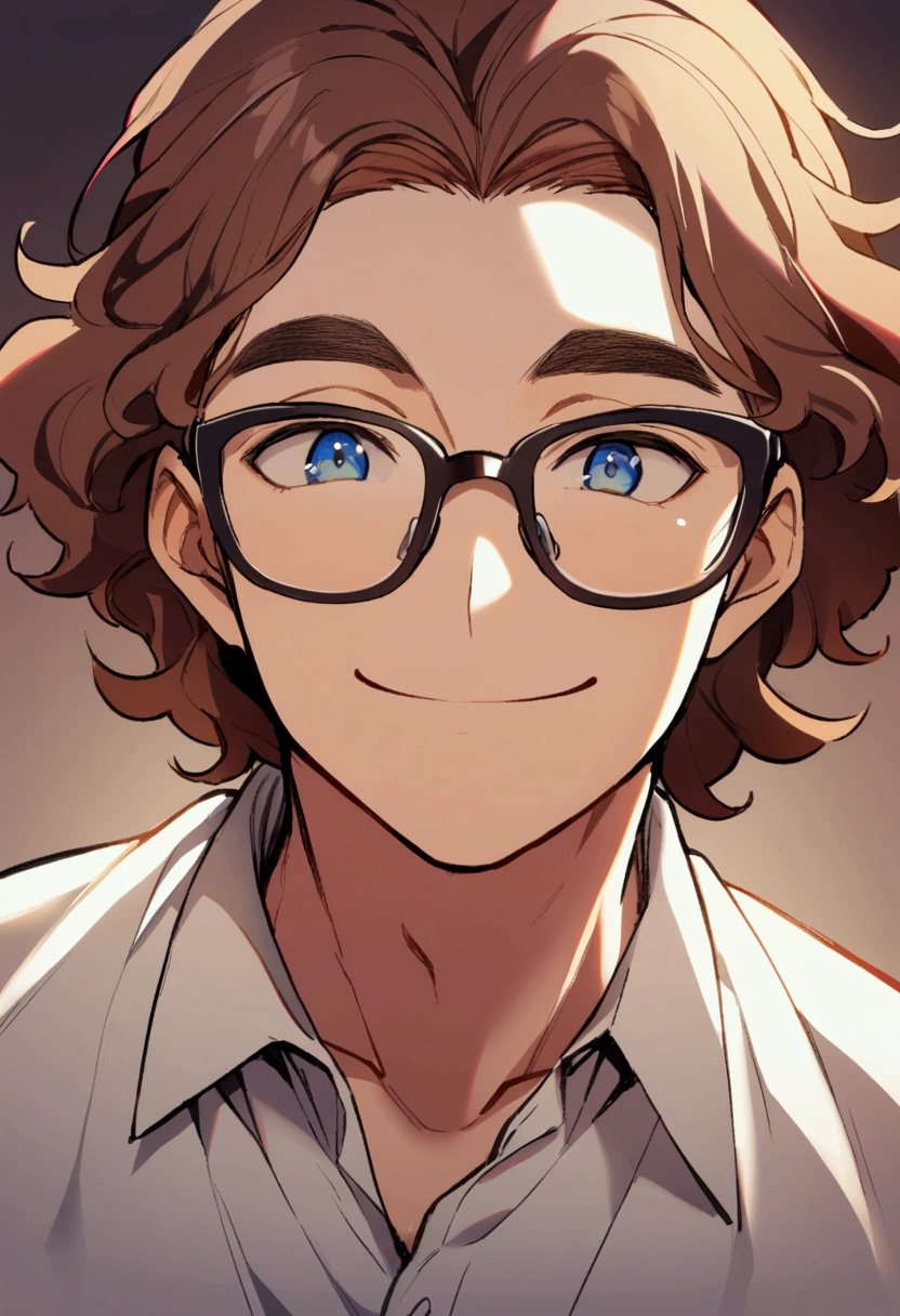 1man, short brown hair, blue eyes, fluffy hair, glasses, white shirt, kind face, smiling