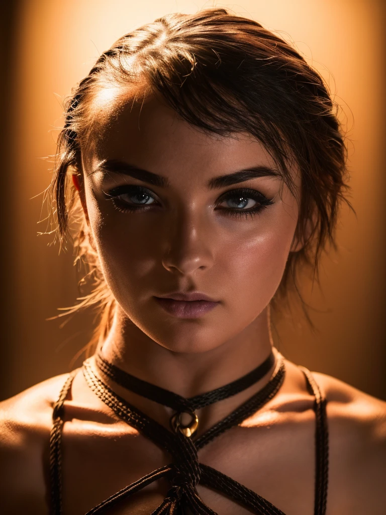 a girl tied with ropes, beautiful detailed eyes, beautiful detailed lips, extremely detailed face, long eyelashes, beautiful intricate knots, tight ropes, (best quality,4k,8k,highres,masterpiece:1.2),ultra-detailed,(realistic,photorealistic,photo-realistic:1.37),HDR,UHD,studio lighting,ultra-fine painting,sharp focus,physically-based rendering,extreme detail description,professional,vivid colors,bokeh,dark moody lighting,dramatic chiaroscuro,gothic,cinematic