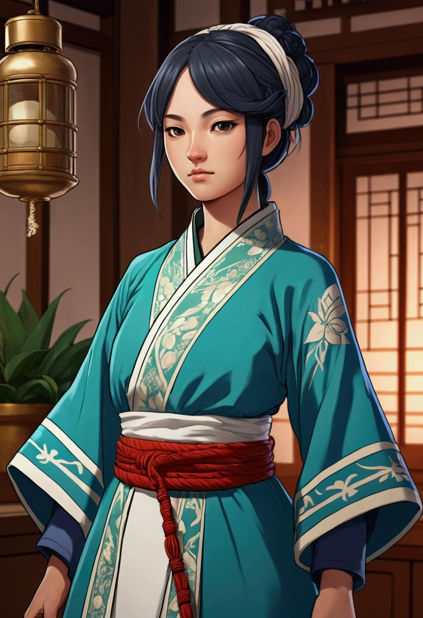 A character in the art style of the anime called "the apothecary diaries" with mao mao. She is a fighter, but wears traditional clothes (2d)
