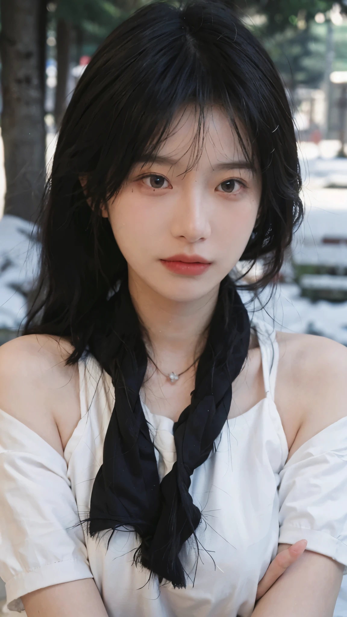 Portrait photography，1 girl，snow，Snow Scene，Heavy makeup，Bare shoulders，Lipstick，(Big breasts:1.4)，Shoulder-Length Wavy Hair，Wear a necklace，scarf，Earring short sleeves，serene，calm，(Realistic and detailed eyes，Natural skin texture，Realistic facial details)，whole body：1.4，