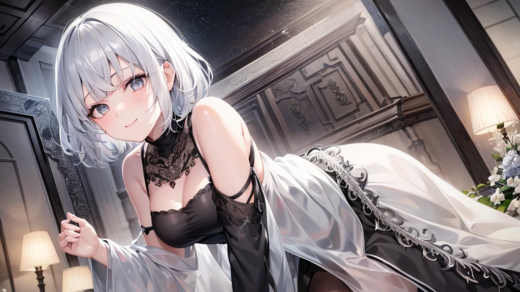 とてもShort Hair, Long bangs between the eyes, Very detailed,(masterpiece、Highest quality)、alone、Gray Hair、Fantasy, Silver Hair, Fantasyな風景、smile、Open your mouth、short hair、Short Hair、hairpin、black eye、Grey Eyes、Beautiful Eyes、Black Shirt、White hoodie