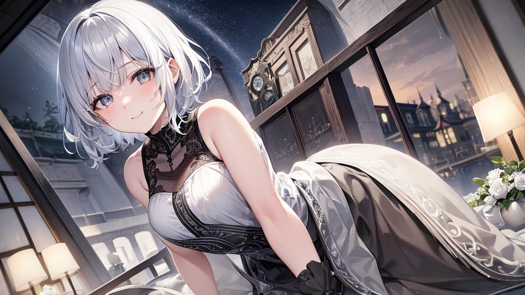 とてもShort Hair, Long bangs between the eyes, Very detailed,(masterpiece、Highest quality)、alone、Gray Hair、Fantasy, Silver Hair, Fantasyな風景、smile、Open your mouth、short hair、Short Hair、hairpin、black eye、Grey Eyes、Beautiful Eyes、Black Shirt、White hoodie