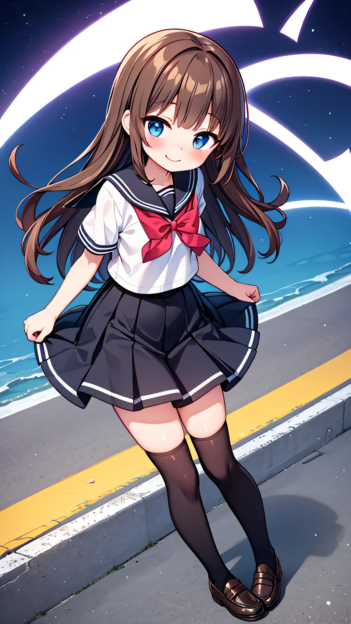 {Highest quality}, {Super beautiful},{Ultra fine},{Best illustration},Brown Hair,Hime cut,semi-long,Bangs,Standing Woman,Sailor suit,Short sleeve,knit cardigan,Long black skirt,Night Park,Embarrassed,smilingly,Blushing,Slender women,Black knee-high socks,Black Loafers,From an angle,From above