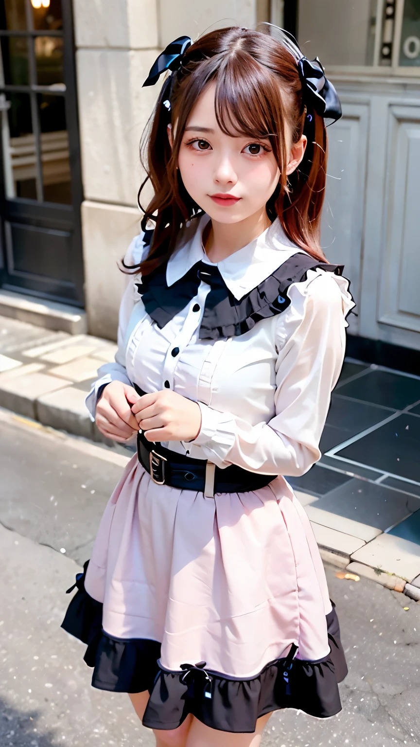 (Realistic, photo-Realistic:1.37), Unbelievably absurd, (Very detailed:1.3), 8k, (masterpiece), (Highest quality:1.4), (Ultra-high resolution:1.2), (RAW Photos:1.2), Very detailed背景, (unity 8k wallpaper), 1 nogizaka girl, very cute, (bishojo:1.35), (17yo:1.4), (white, Black and pink mine fashion), (Delicate and beautiful face, eye, skin), (Beautiful dress with intricate details), Gothic Maid, (Open chest), (Thick black shiny hair), (Elegant frills), (Blue rose hair accessory), (Smiling for the camera), whole body, Street view, Professional Lighting, 1 Girl, (Light pink hair)