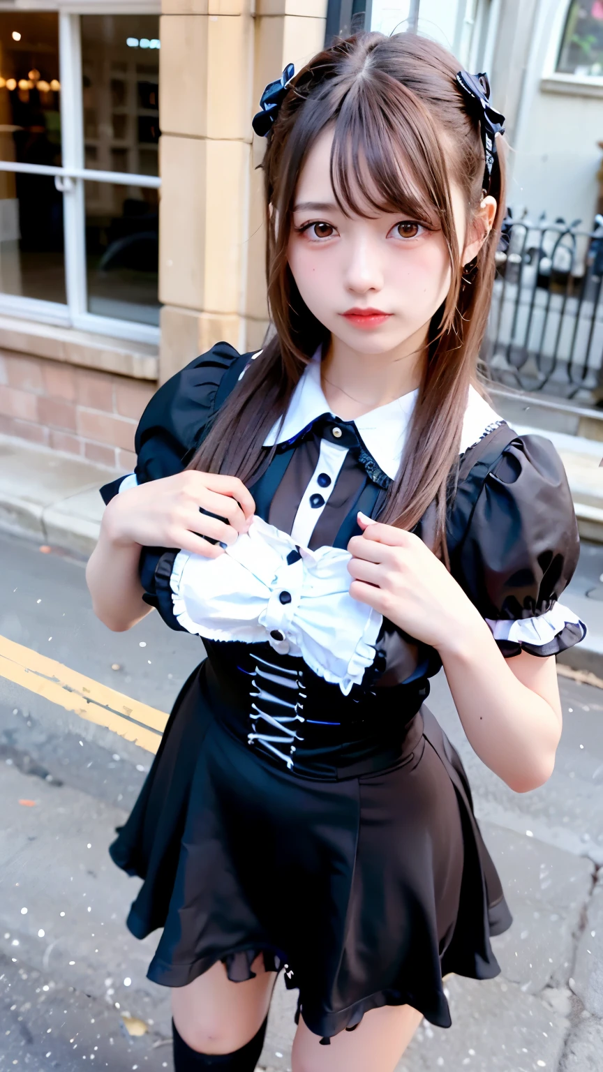 (Realistic, photo-Realistic:1.37), Unbelievably absurd, (Very detailed:1.3), 8k, (masterpiece), (Highest quality:1.4), (Ultra-high resolution:1.2), (RAW Photos:1.2), Very detailed背景, (unity 8k wallpaper), 1 nogizaka girl, very cute, (bishojo:1.35), (17yo:1.4), (white, Black and pink mine fashion), (Delicate and beautiful face, eye, skin), (Beautiful dress with intricate details), Gothic Maid, (Open chest), (Thick black shiny hair), (Elegant frills), (Blue rose hair accessory), (Smiling for the camera), whole body, Street view, Professional Lighting, 1 Girl, (Light pink hair)