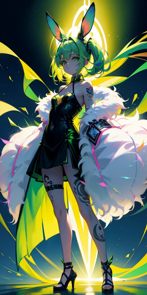 Rabbit technique , Science Fiction, Fluffy ,
1 girl, Tattoo, Glowing tattoo, Glowing eyes, Colorful glowing hair , Full body love, Green Hair,
Kawaiitech, Soft colors, Kawaii, Lovely colors,