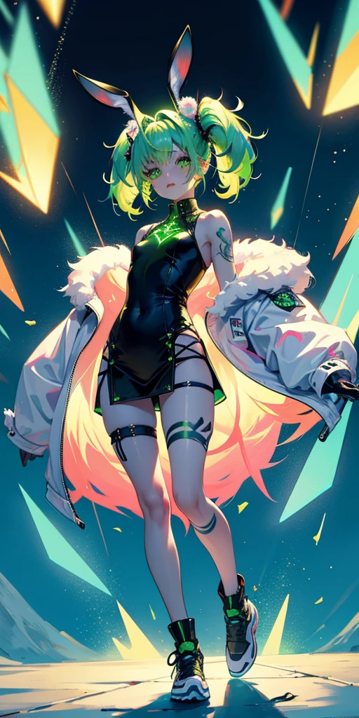 Rabbit technique , Science Fiction, Fluffy ,
1 girl, Tattoo, Glowing tattoo, Glowing eyes, Colorful glowing hair , Full body love, Green Hair,
Kawaiitech, Soft colors, Kawaii, Lovely colors,