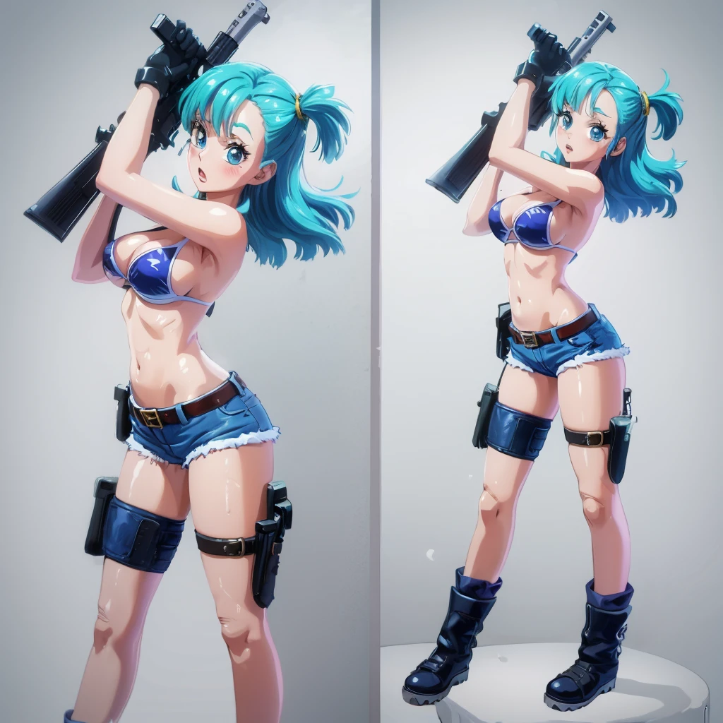 1girl, solo, gun, weapon, shorts, swimsuit, bulma, holster, boots, bikini, blue hair, gloves, breasts, blue eyes, one side up, bikini top only, denim shorts, thigh holster, blue shorts, denim, short shorts, cleavage, navel, medium breasts, handgun, full body, long hair, midriff, belt, thigh strap